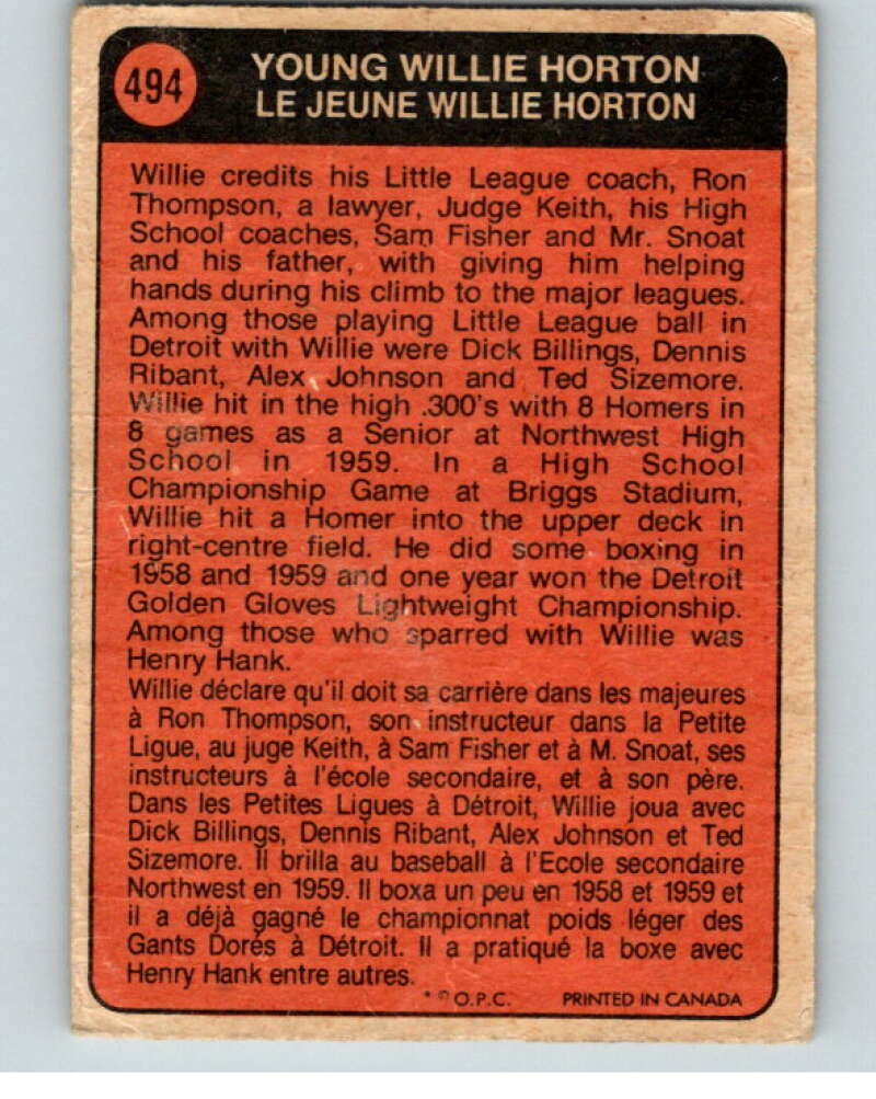 1972 O-Pee-Chee Baseball #494 Willie Horton Detroit Tigers V66390 Image 2