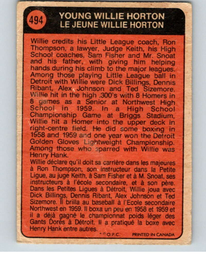 1972 O-Pee-Chee Baseball #494 Willie Horton  Detroit Tigers  V66390 Image 2