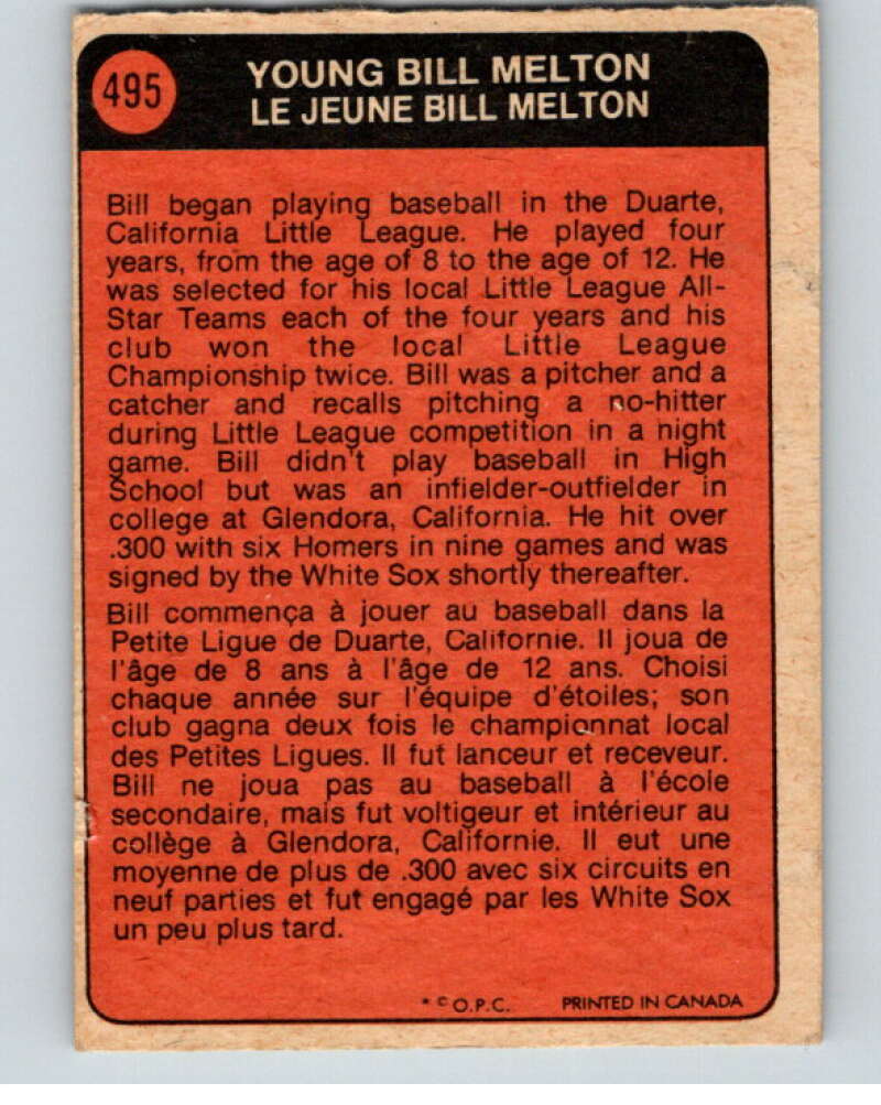1972 O-Pee-Chee Baseball #495 Bill Melton Chicago White Sox V66391 Image 2