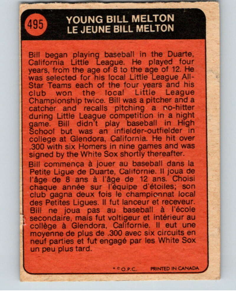 1972 O-Pee-Chee Baseball #495 Bill Melton  Chicago White Sox  V66391 Image 2