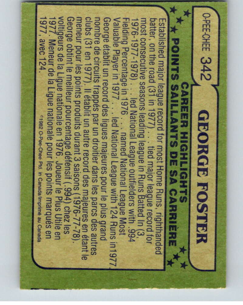1982 O-Pee-Chee Baseball #342 George Foster AS Cincinnati Reds V66437 Image 2