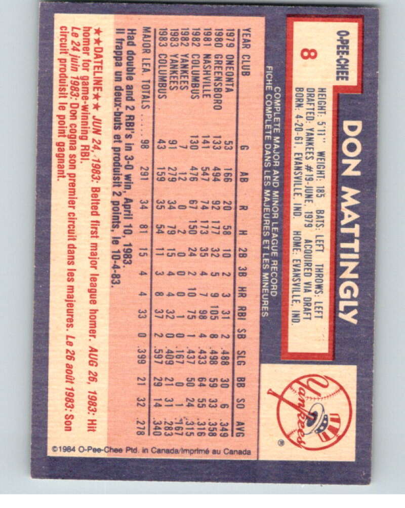 1984 O-Pee-Chee Baseball #8 Don Mattingly RC Rookie Yankees V66525 Image 2