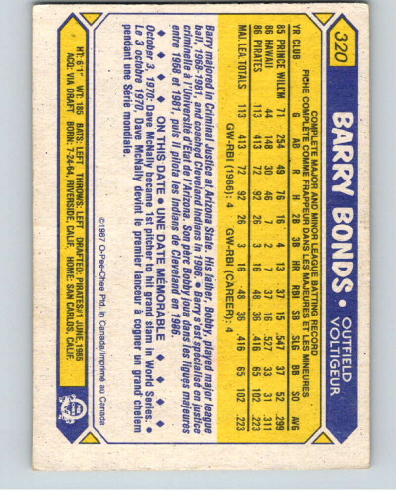 1987 O-Pee-Chee #320 Barry Bonds RC Rookie Pirates V66588 Image 2