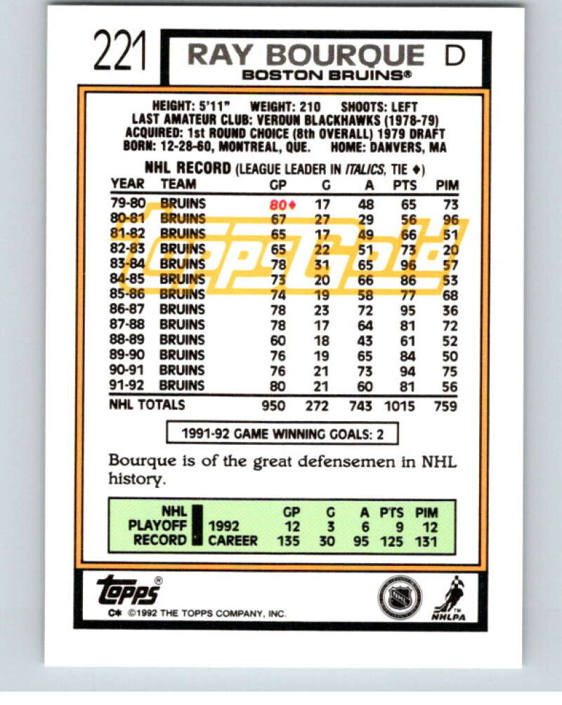 1992-93 Topps Gold #221G Ray Bourque Boston Bruins V66603 Image 2