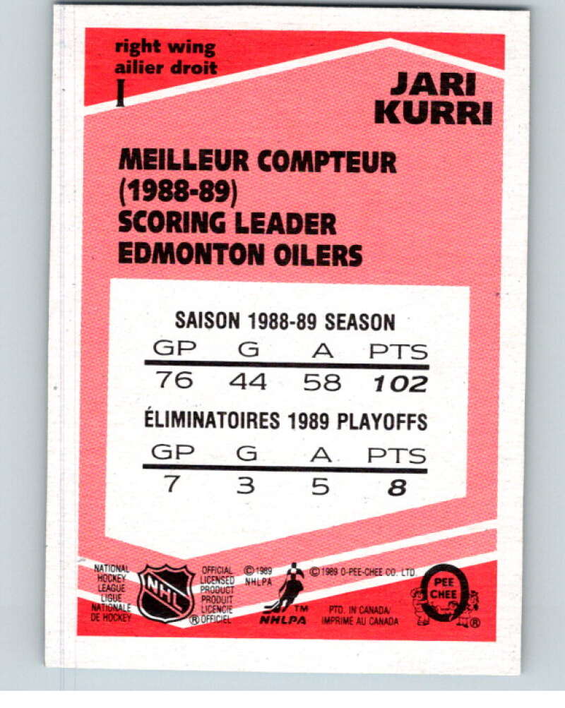 1989-90 O-Pee-Chee Box Bottoms #I Jari Kurri  Edmonton Oilers  V66702 Image 2