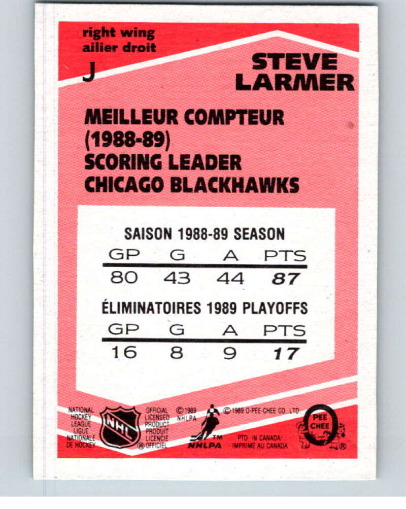 1989-90 O-Pee-Chee Box Bottoms #J Steve Larmer Blackhawks V66703 Image 2