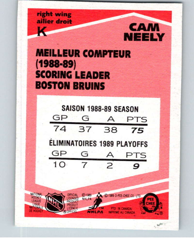 1989-90 O-Pee-Chee Box Bottoms #K Cam Neely  Boston Bruins  V66704 Image 2