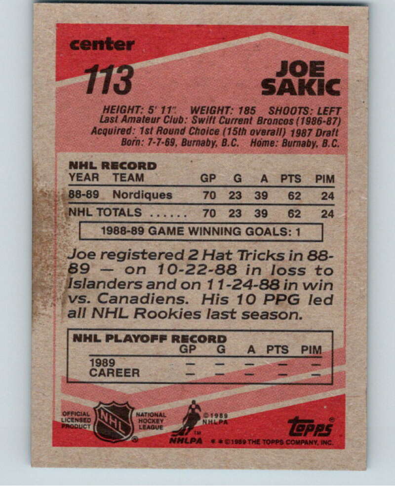 1989-90 Topps #113 Joe Sakic RC Rookie Quebec Nordiques V66756 Image 2