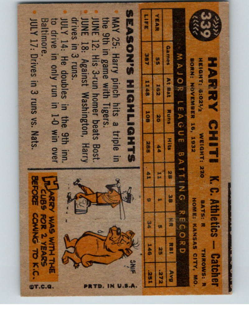 1960 Topps #339 Harry Chiti Kansas City Athletics V66907 Image 2
