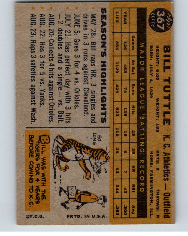 1960 Topps #367 Bill Tuttle Kansas City Athletics V66909 Image 2