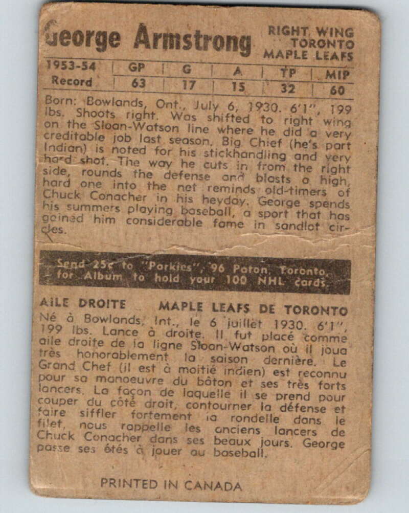1954-55 Parkhurst #24 George Armstrong Toronto Maple Leafs V68829 Image 2