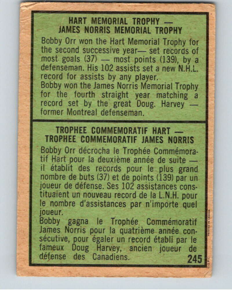 1971-72 O-Pee-Chee #245 Bobby Orr TR Boston Bruins V68834 Image 2