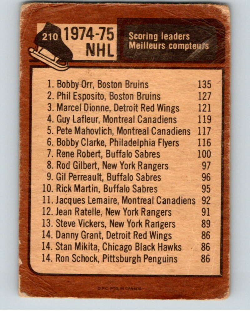 1975-76 O-Pee-Chee #314 Esposito/Orr TL Boston Bruins V68841 Image 2