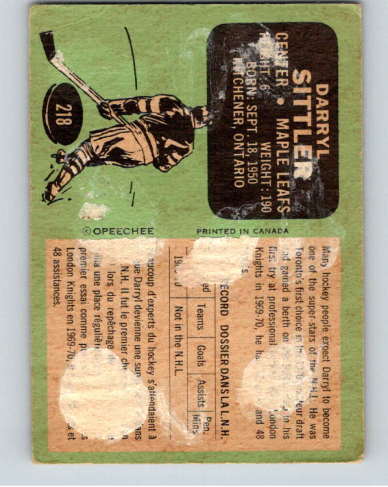 1970-71 O-Pee-Chee #218 Darryl Sittler RC Rookie Toronto Maple Leafs V68847 Image 2