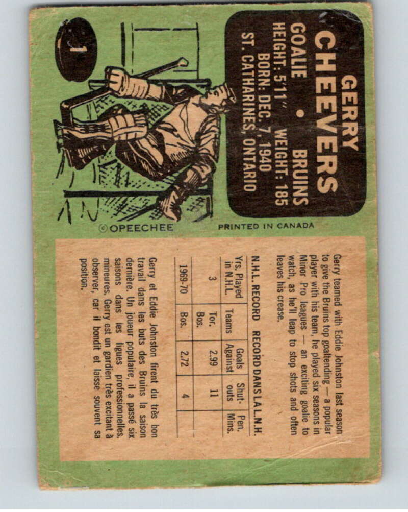 1970-71 O-Pee-Chee #1 Gerry Cheevers Boston Bruins V68850 Image 2