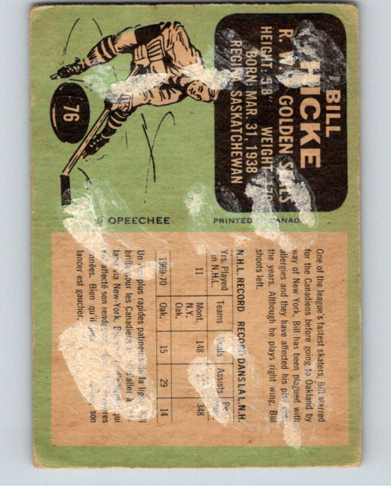 1970-71 O-Pee-Chee #76 Bill Hicke California Golden Seals V68878 Image 2