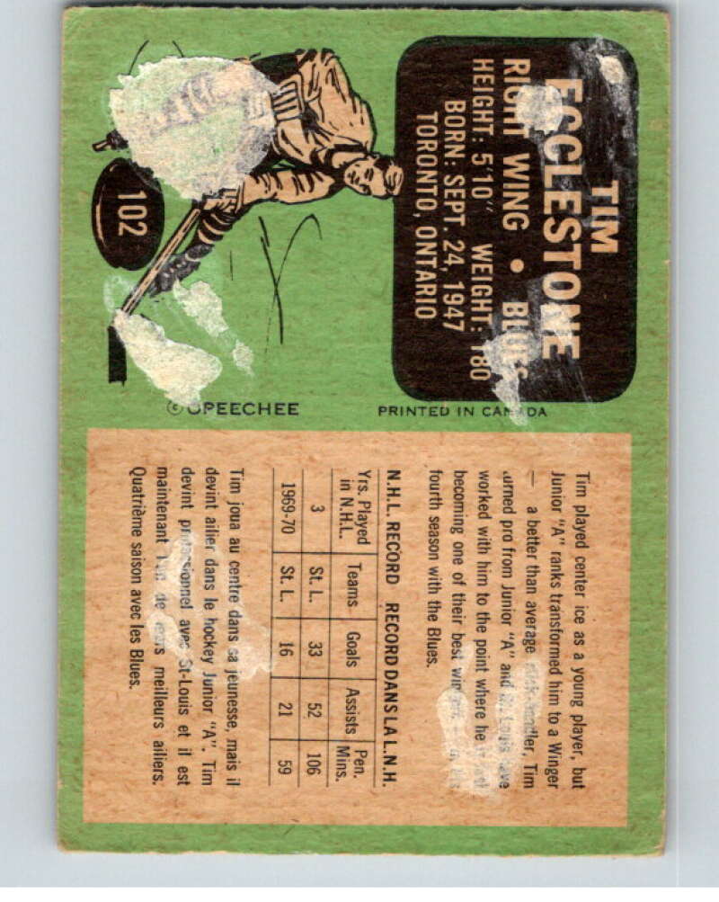 1970-71 O-Pee-Chee #102 Tim Ecclestone St. Louis Blues V68893 Image 2