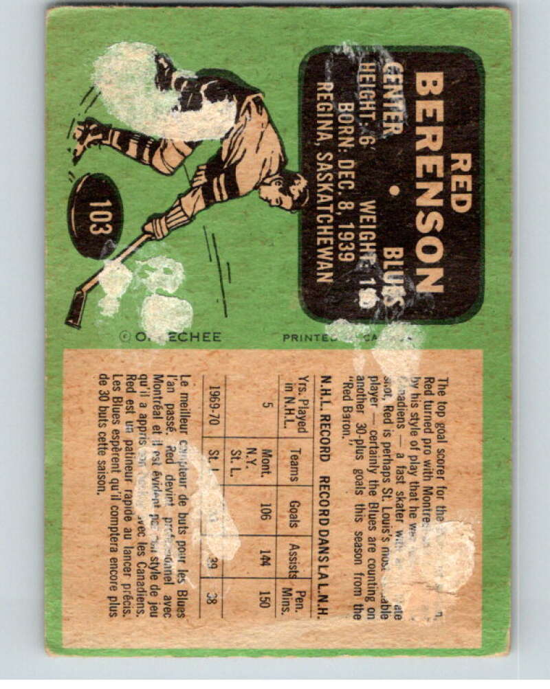 1970-71 O-Pee-Chee #103 Red Berenson St. Louis Blues V68894 Image 2