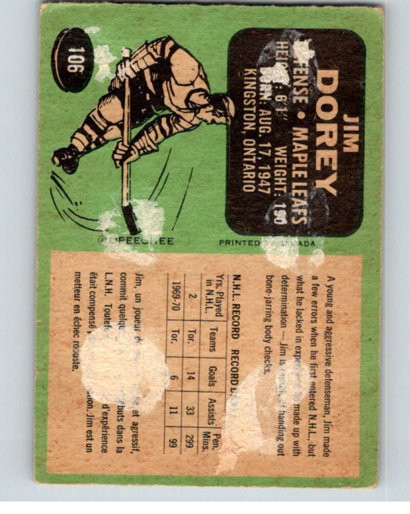 1970-71 O-Pee-Chee #106 Jim Dorey Toronto Maple Leafs V68896 Image 2