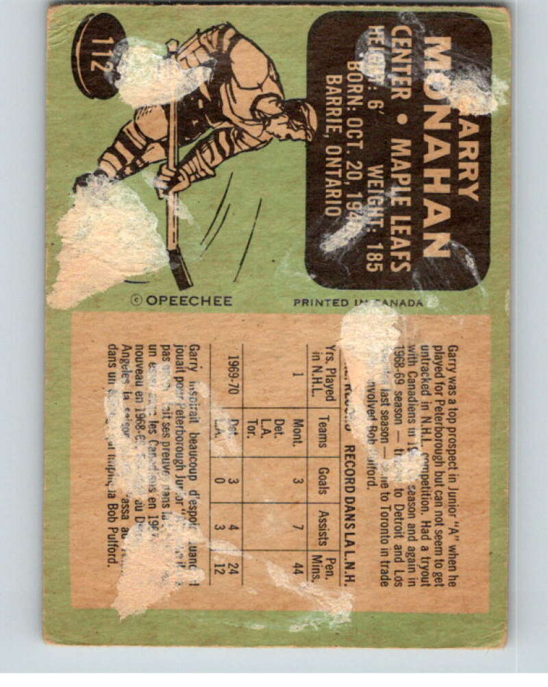 1970-71 O-Pee-Chee #112 Garry Monahan Toronto Maple Leafs V68901 Image 2