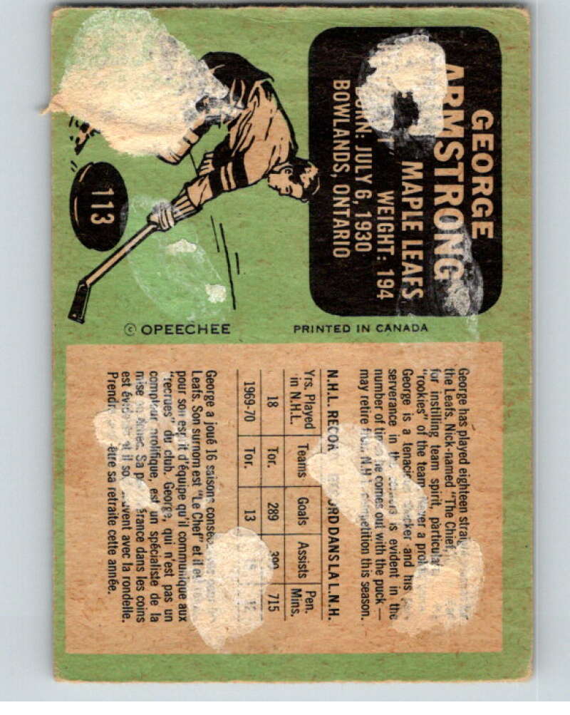 1970-71 O-Pee-Chee #113 George Armstrong Toronto Maple Leafs V68902 Image 2