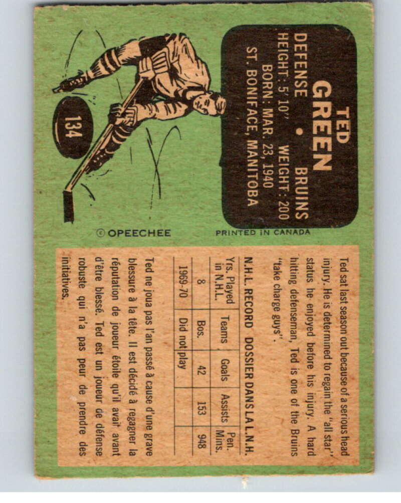 1970-71 O-Pee-Chee #134 Ted Green Boston Bruins V68904 Image 2
