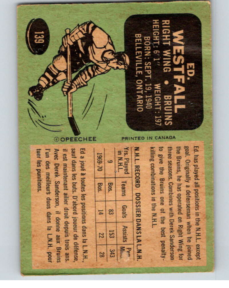 1970-71 O-Pee-Chee #139 Ed Westfall Boston Bruins V68908 Image 2