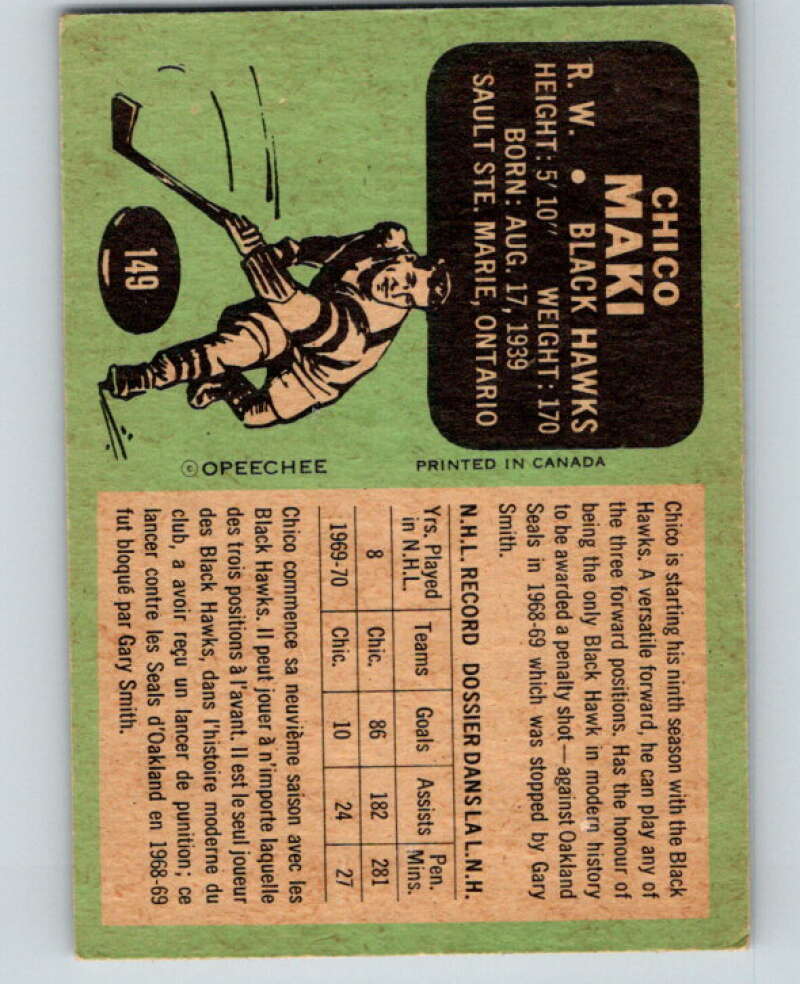 1970-71 O-Pee-Chee #149 Chico Maki Chicago Blackhawks V68914 Image 2