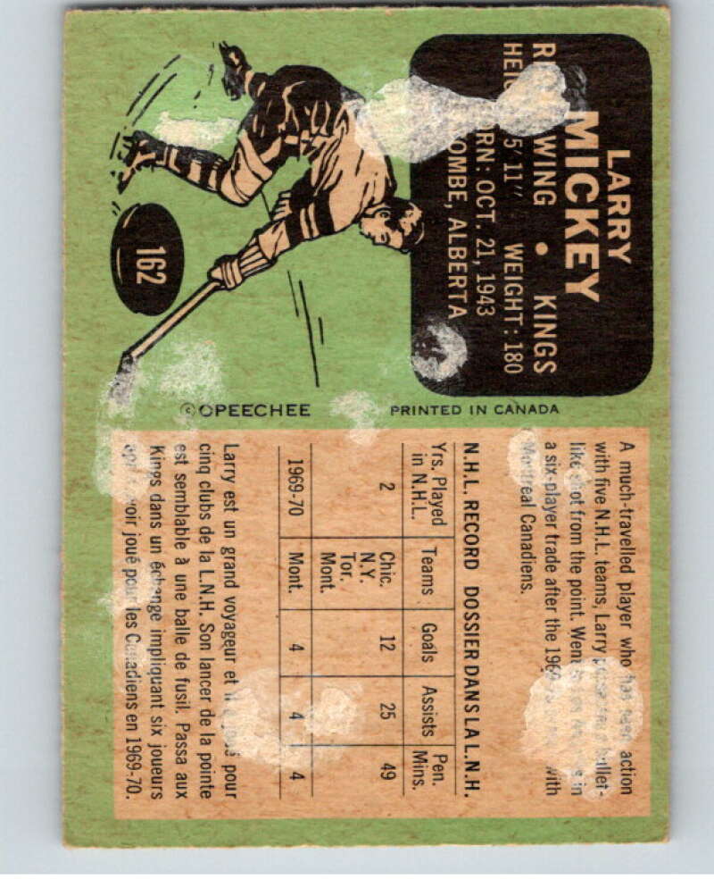 1970-71 O-Pee-Chee #162 Larry Mickey Los Angeles Kings V68924 Image 2