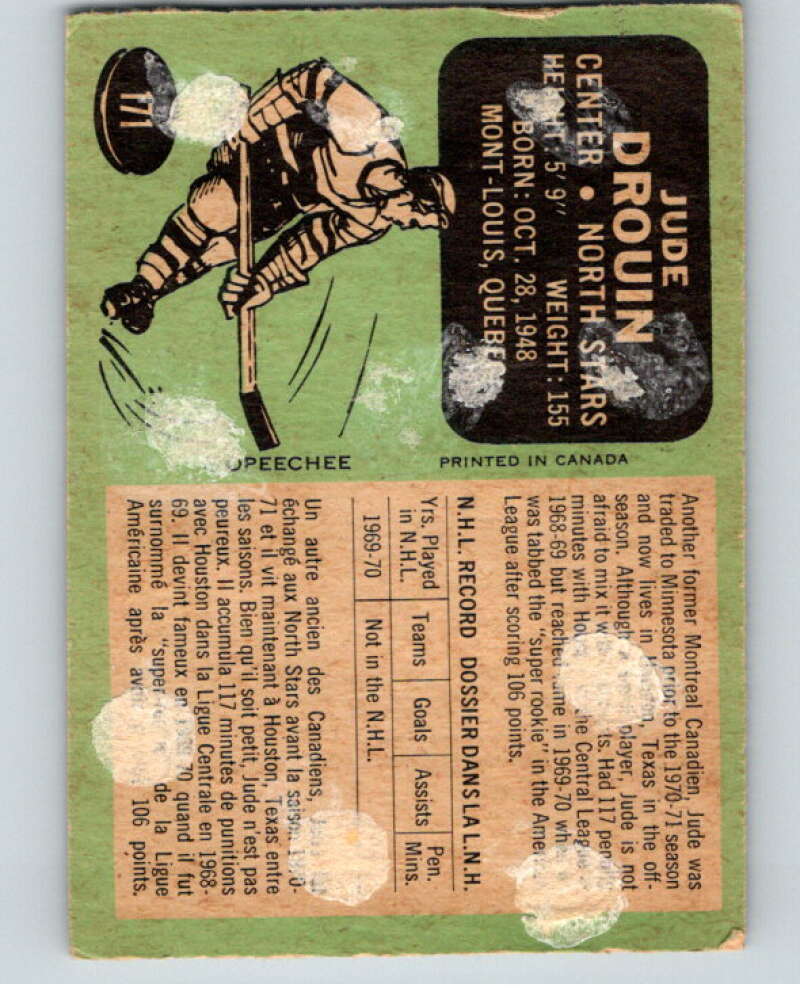 1970-71 O-Pee-Chee #171 Jude Drouin RC Rookie Minnesota North Stars V68927 Image 2