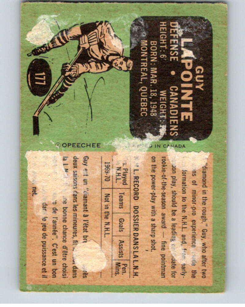 1970-71 O-Pee-Chee #177 Guy Lapointe RC Rookie Montreal Canadiens V68932 Image 2