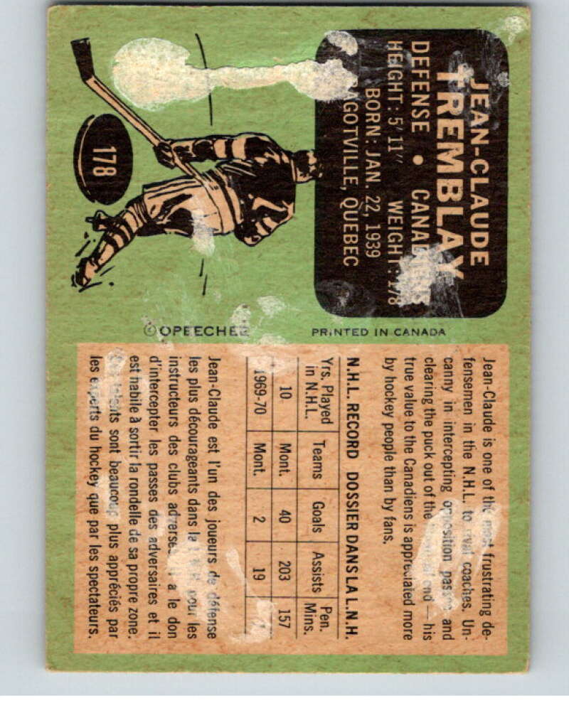 1970-71 O-Pee-Chee #178 J.C. Tremblay Montreal Canadiens V68933 Image 2