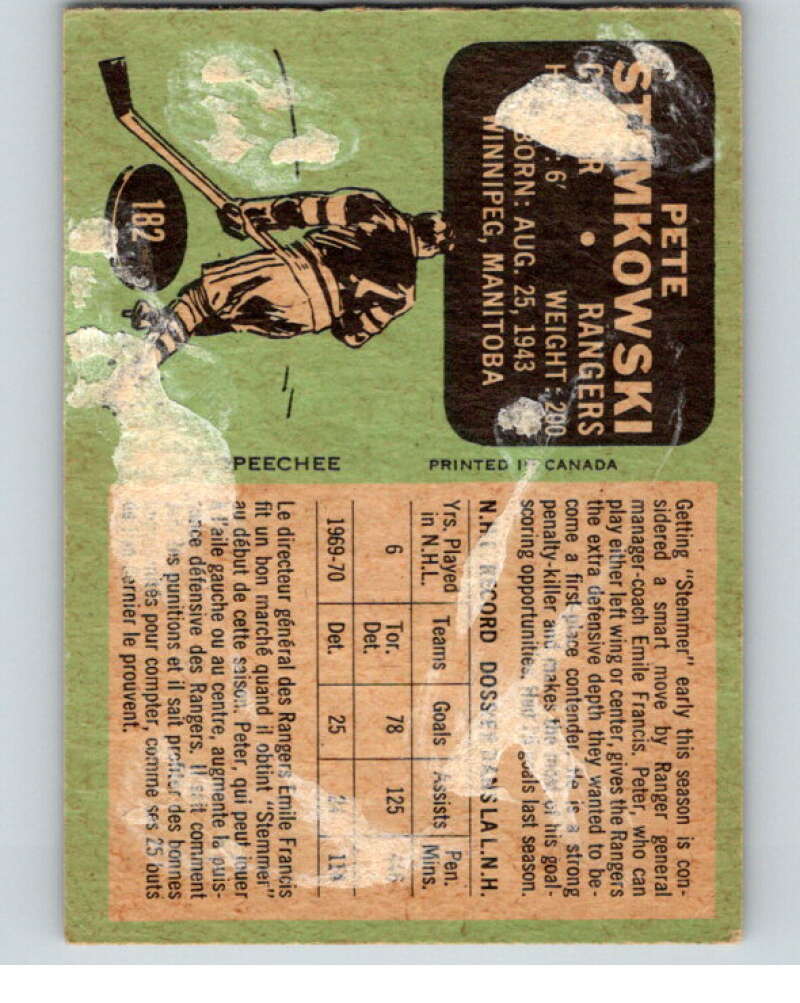 1970-71 O-Pee-Chee #182 Pete Stemkowski New York Rangers V68936 Image 2