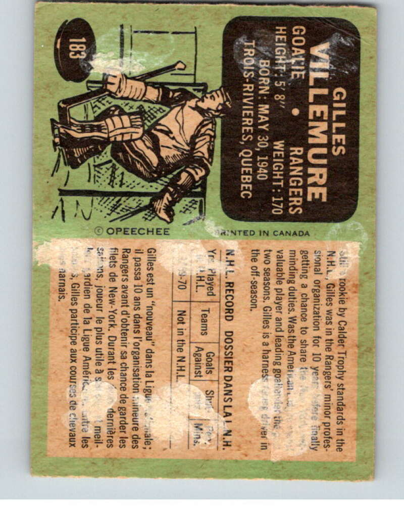 1970-71 O-Pee-Chee #183 Gilles Villemure New York Rangers V68937 Image 2