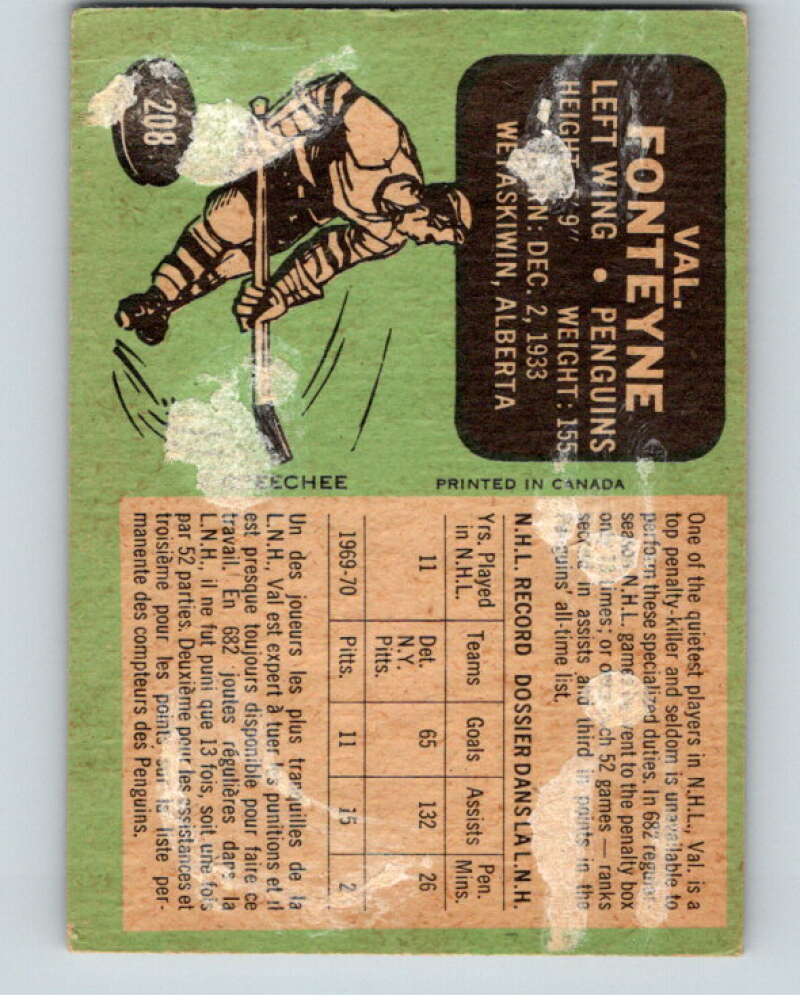 1970-71 O-Pee-Chee #208 Val Fonteyne Pittsburgh Penguins V68941 Image 2