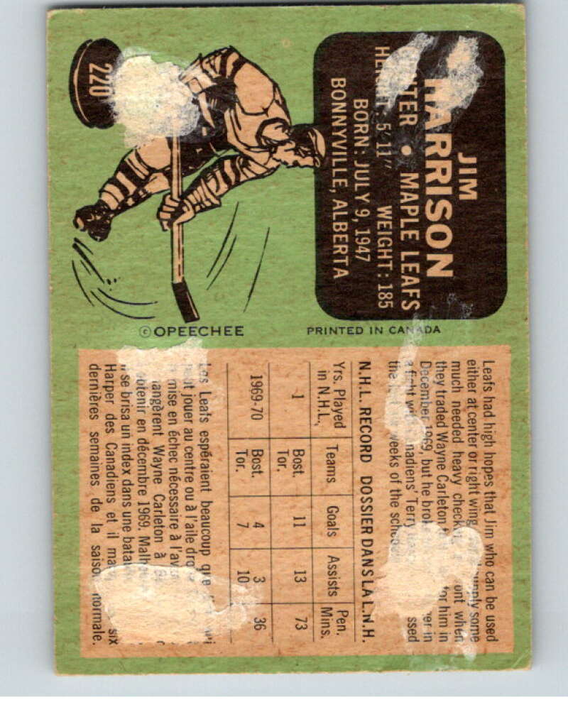 1970-71 O-Pee-Chee #220 Jim Harrison RC Rookie Toronto Maple Leafs V68948 Image 2