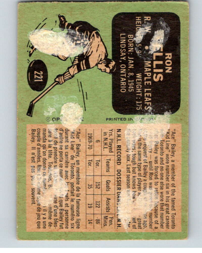 1970-71 O-Pee-Chee #221 Ron Ellis Toronto Maple Leafs V68949 Image 2