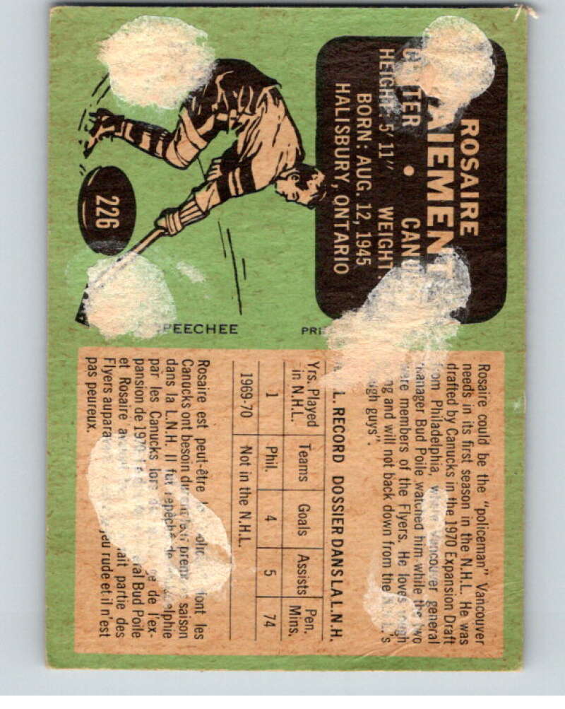 1970-71 O-Pee-Chee #226 Rosaire Paiement RC Rookie Vancouver Canucks V68954 Image 2