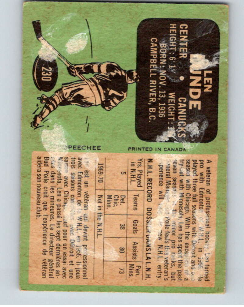 1970-71 O-Pee-Chee #230 Len Lunde Vancouver Canucks V68958 Image 2