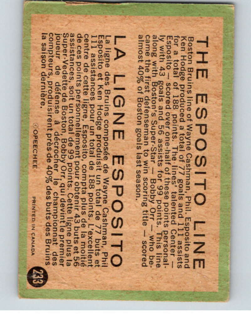 1970-71 O-Pee-Chee #233 Esposito Line Hodge/Esposito/Cashman V68961 Image 2