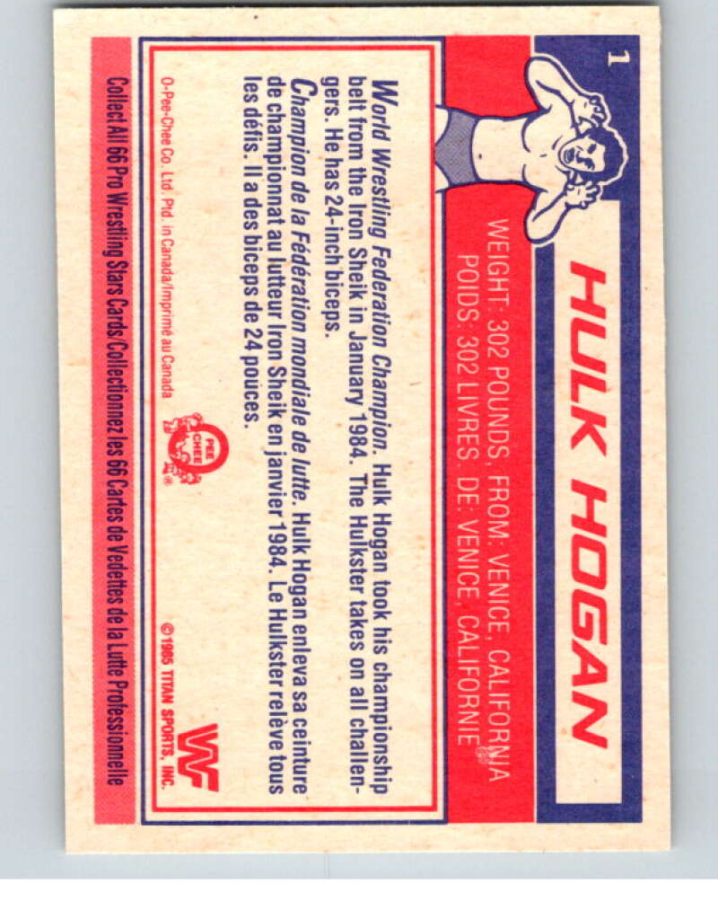 1985 O-Pee-Chee WWF #1 Hulk Hogan (Very Light hairline Crease) V69027 Image 2