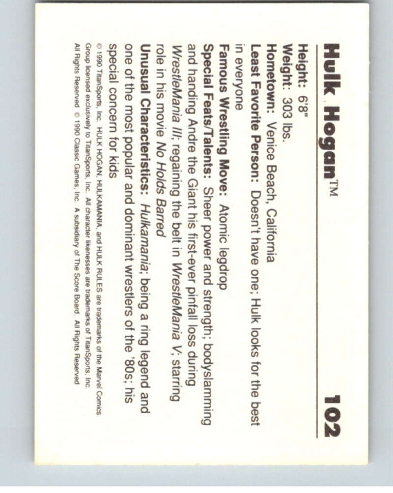 1990 Classic WWF #102 Hulk Hogan V69688 Image 2