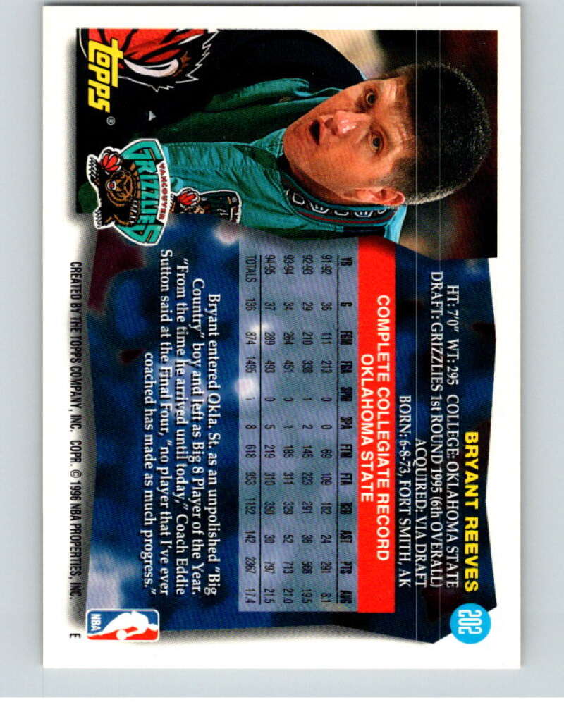 1995-96 Topps NBA #202 Bryant Reeves RC Rookie Vancouver Grizzlies V70346 Image 2
