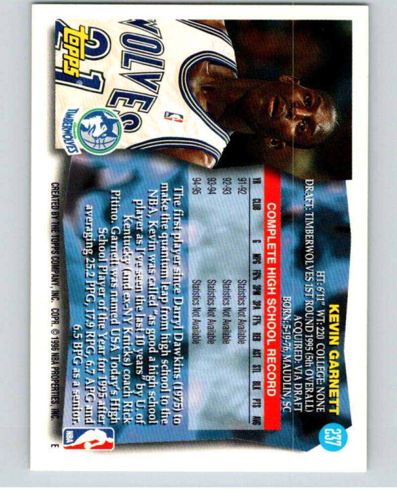 1995-96 Topps NBA #237 Kevin Garnett RC Rookie Minnesota Timberwolves V70436 Image 2