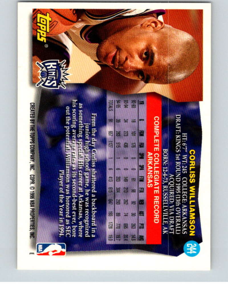 1995-96 Topps NBA #244 Corliss Williamson RC Rookie Sacramento Kings V70446 Image 2
