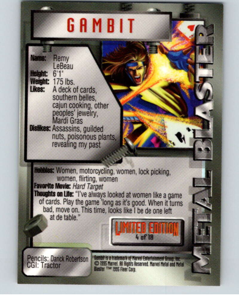 1995 Marvel Metal Metal Blasters #4 Gambit V73820 Image 2