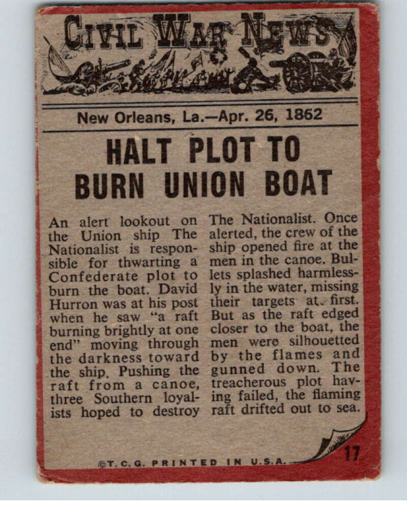 1962 Topps Civil War News #17 The Flaming Raft V74131 Image 2