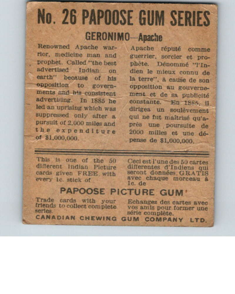 1934 Papoose Gum Series V254 #26 Geronimo  V74259 Image 2