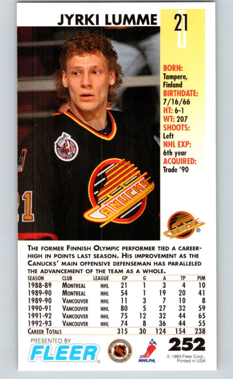 1993-94 PowerPlay #252 Jyrki Lumme Vancouver Canucks V77911 Image 2