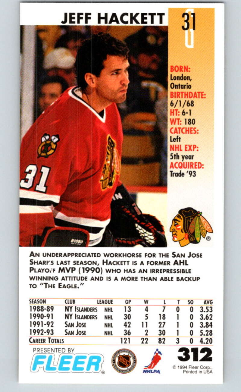 1993-94 PowerPlay #312 Jeff Hackett Chicago Blackhawks V78008 Image 2
